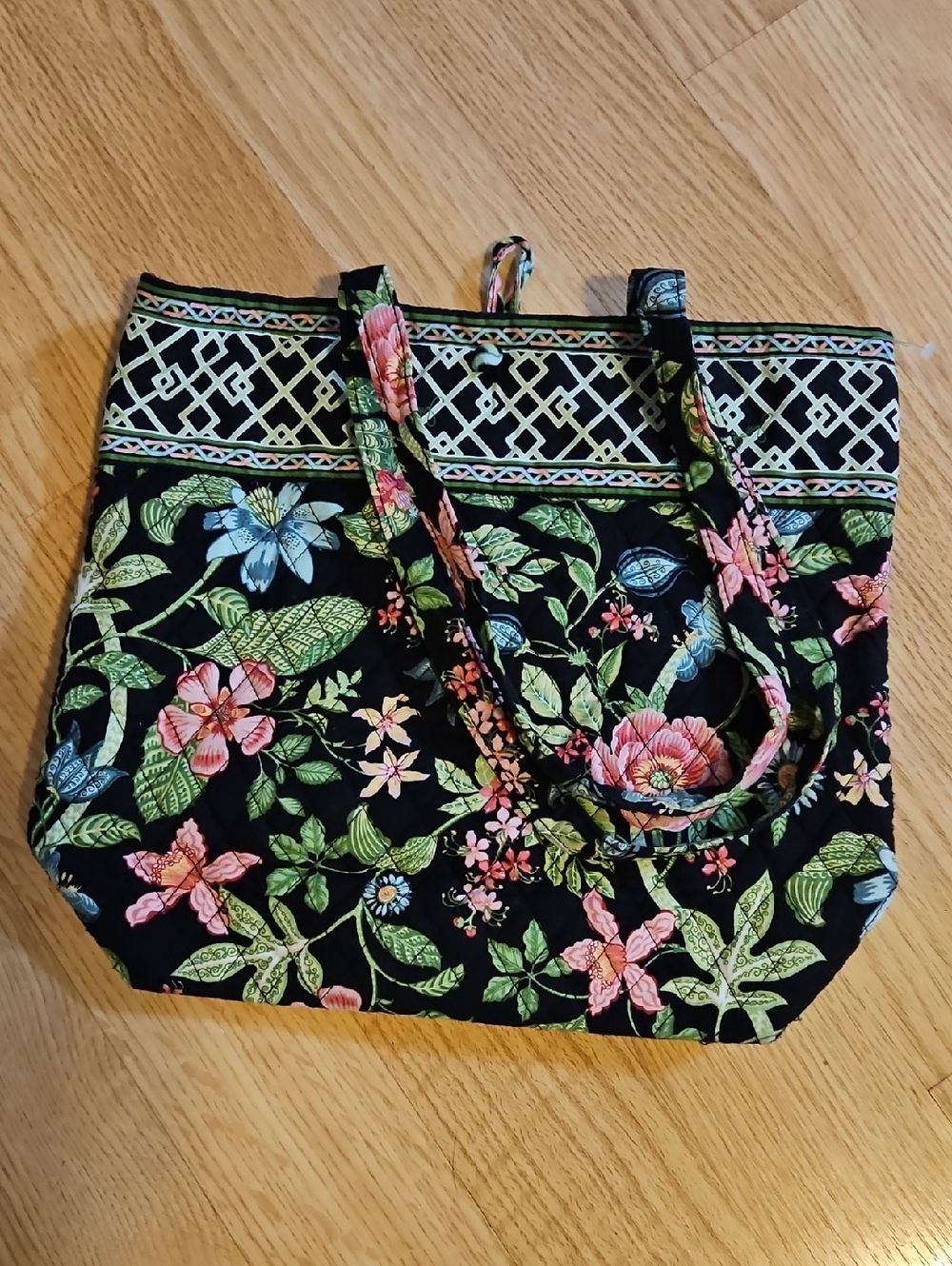 Vera Bradley Black Floral Quilted Tote with Pink & Green Accents